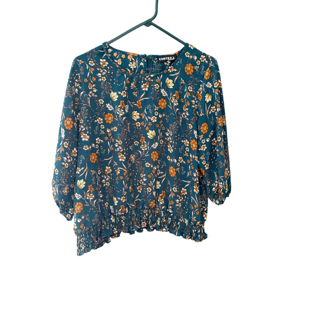 Kontrol Contemporary Womens XL Teal Floral Smocked‎ Hem Boho Peasant Blouse Top